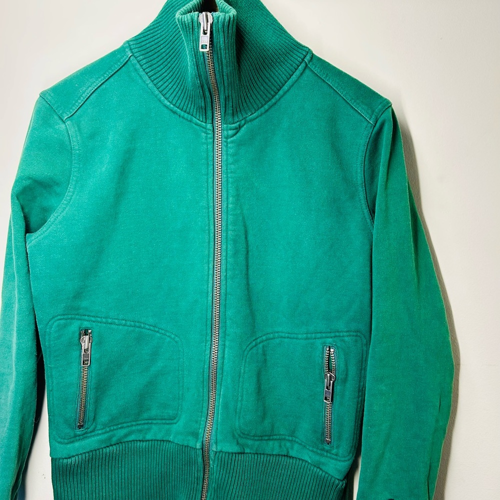 ROOTS Green Zip-Up Rib Collar Sweatshirt | Size M